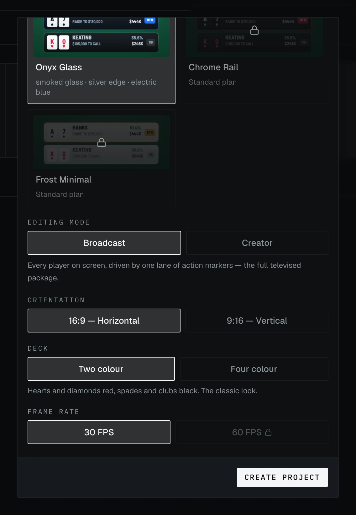The New Project dialog, showing the editing mode, orientation, deck and frame rate controls.