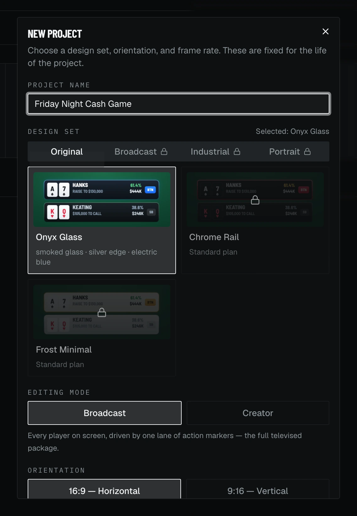 The design set gallery in the New Project dialog, with families across the top and locked sets marked by plan.