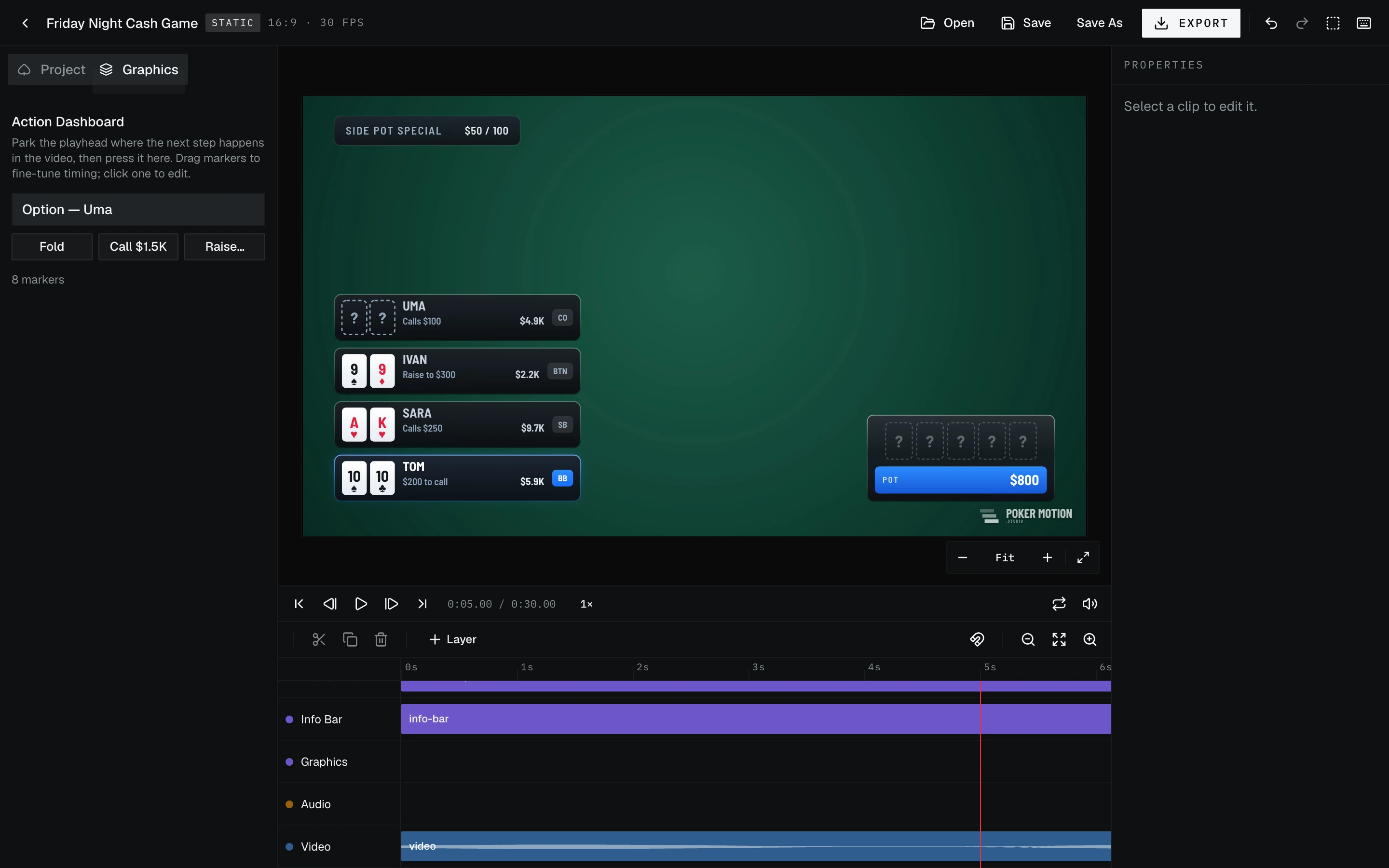 The Action Dashboard offering Fold, Call and Raise for the player to act, with markers on the timeline's Actions lane.