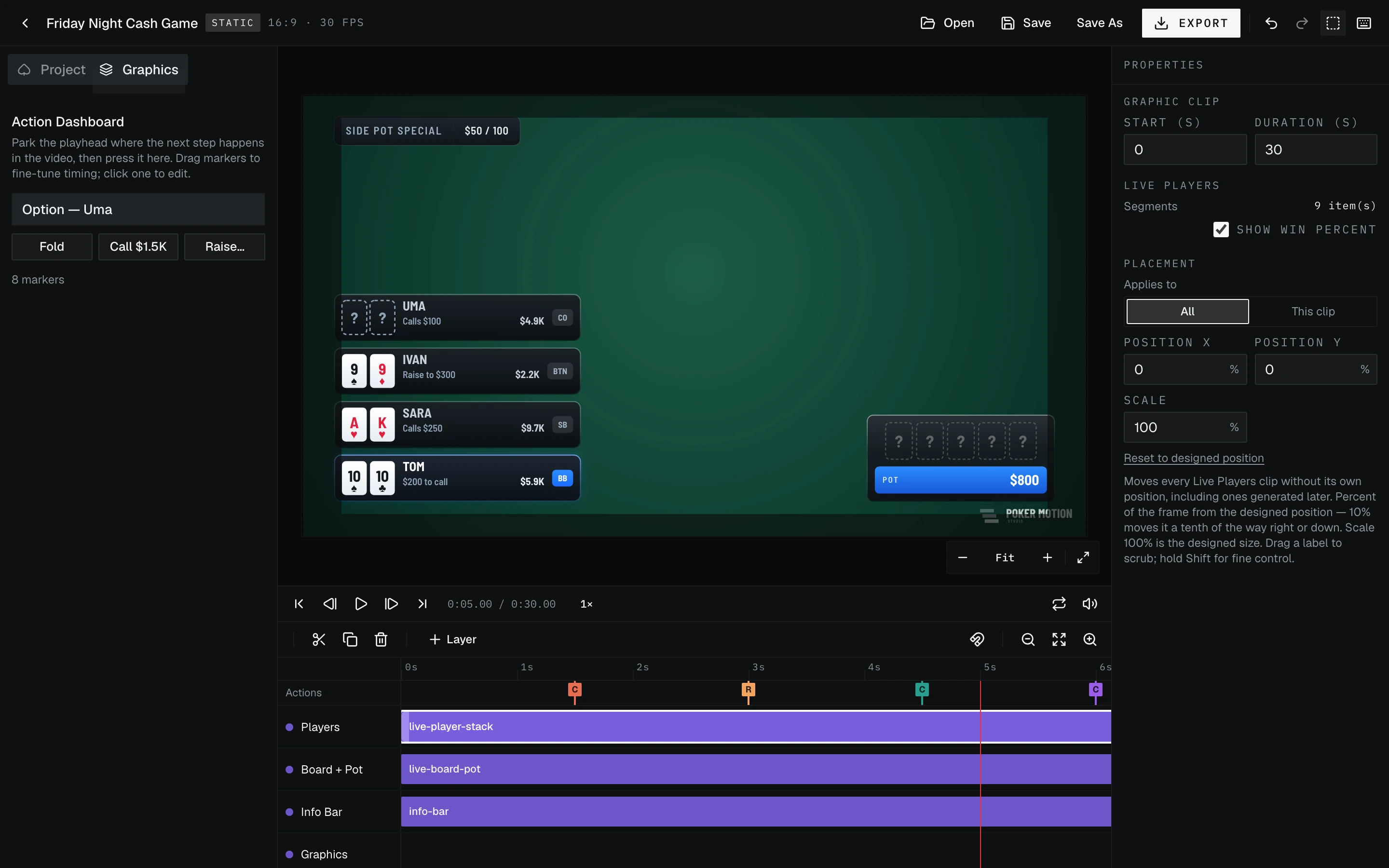 The preview with the safe-area guide on and a selected element's placement controls in the properties panel.