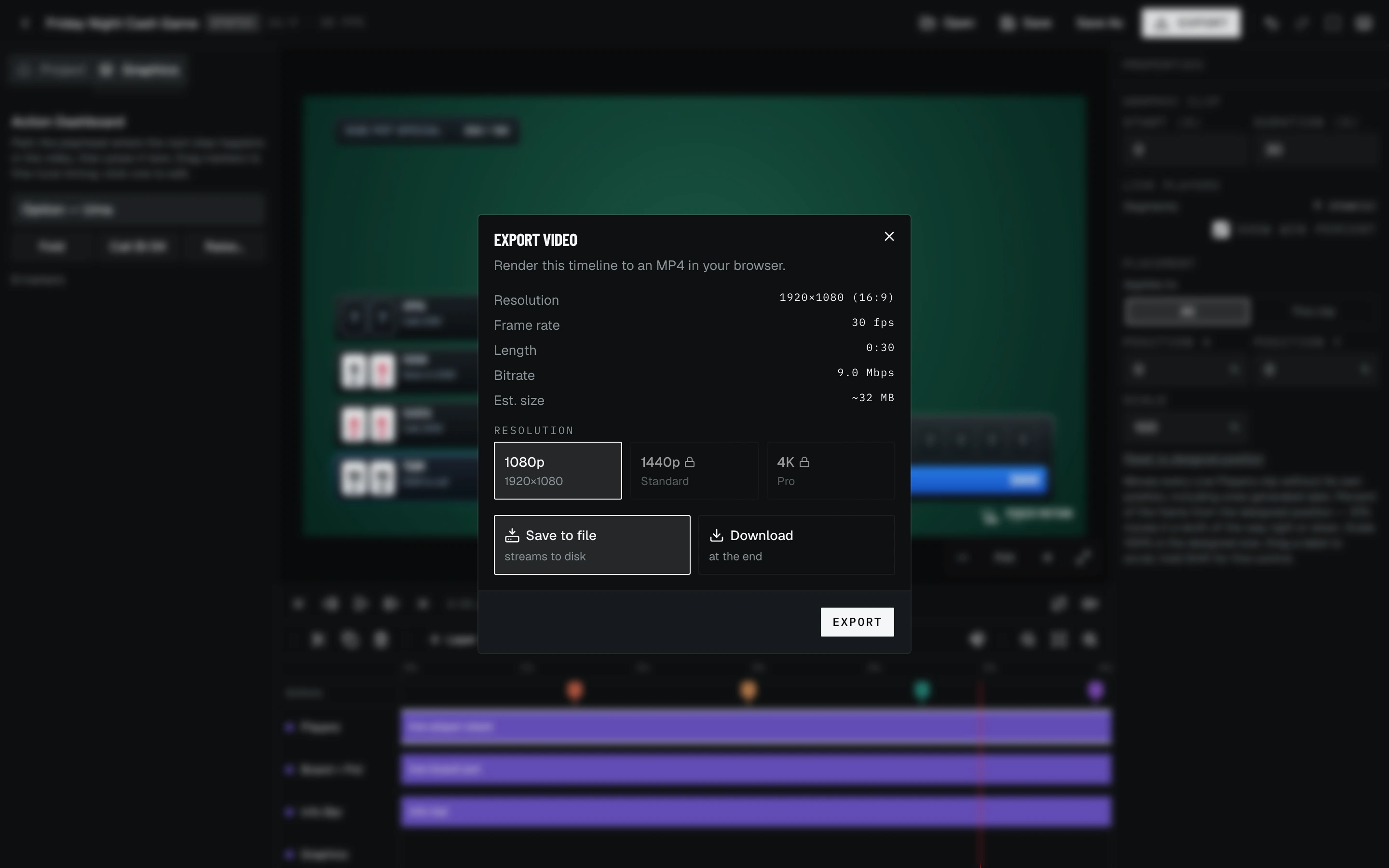 The export dialog showing resolution options, frame rate, length and estimated file size.